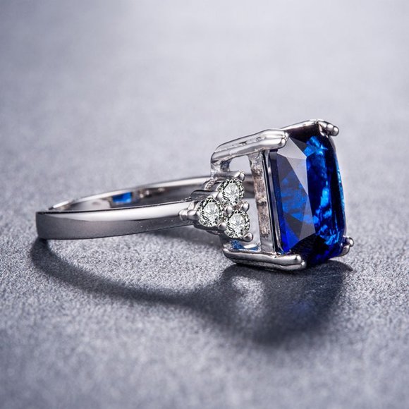 NEW Radiant Cut Blue Sapphire Silver Diamond Ring - Picture 2 of 4